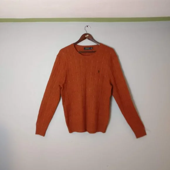 Potter Clay Brown Polo RL Pure Silk Fisherman Cable Crew Knit Logo Sweater Large - Picture 3 of 8